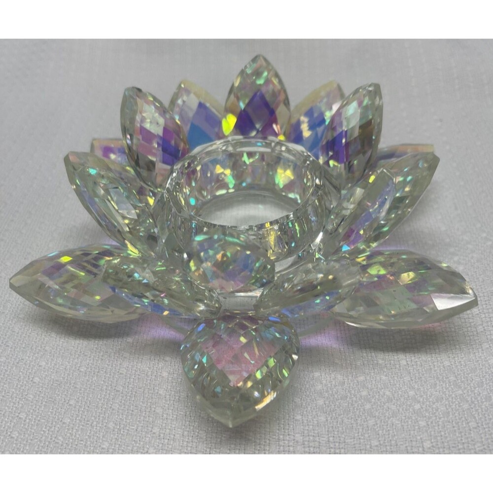 Iridescent Crystal Lotus Flower Candle Holder Rainbow Prism Boho Spiritual Decor